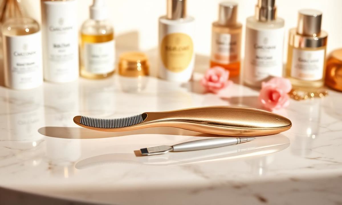 Instrumento dourado de dermaplaning sobre bancada de mármore